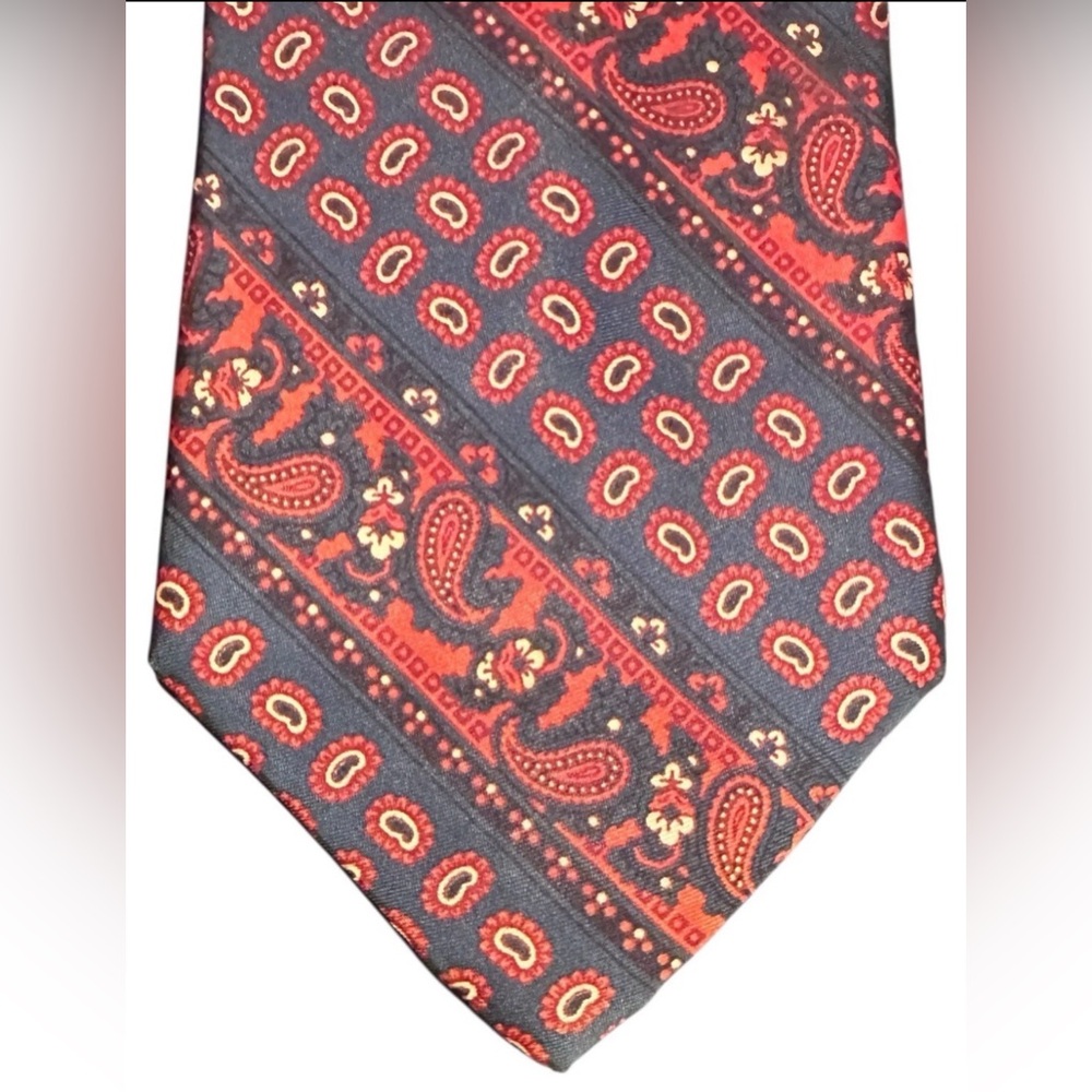 Vintage 60s 70s Paisley Necktie Red Gold Diagonal Stripe All Acetate Retro Tie